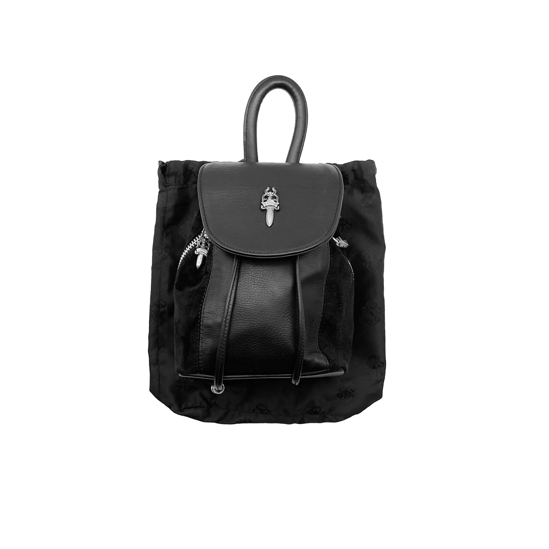Chrome Silver Dagger Suede Black Bucket Backpack
