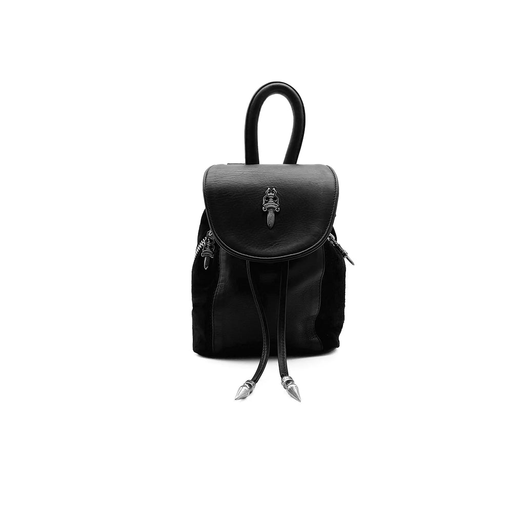 Chrome Silver Dagger Suede Black Bucket Backpack