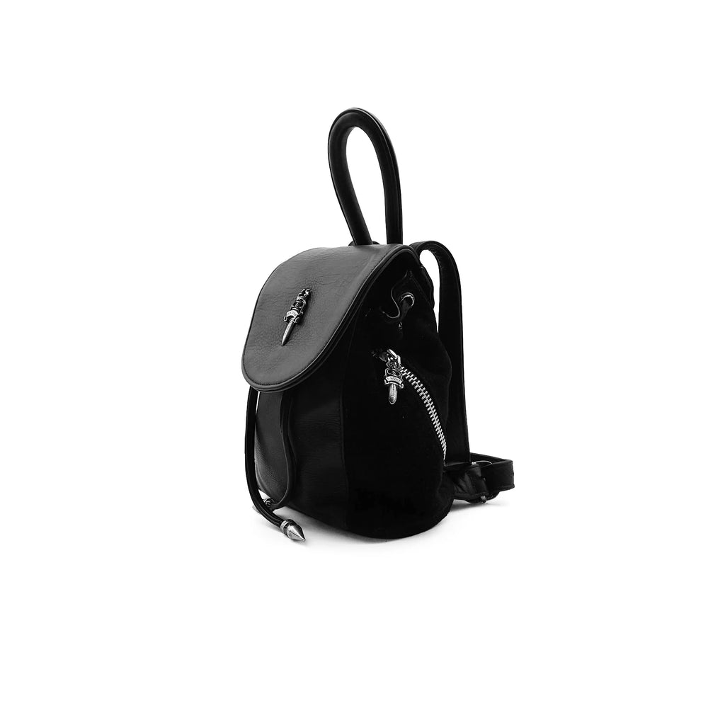 Chrome Silver Dagger Suede Black Bucket Backpack